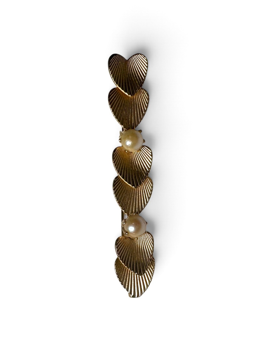 Vintage Gold Tone Leaf & Faux Pearl Bar Brooch